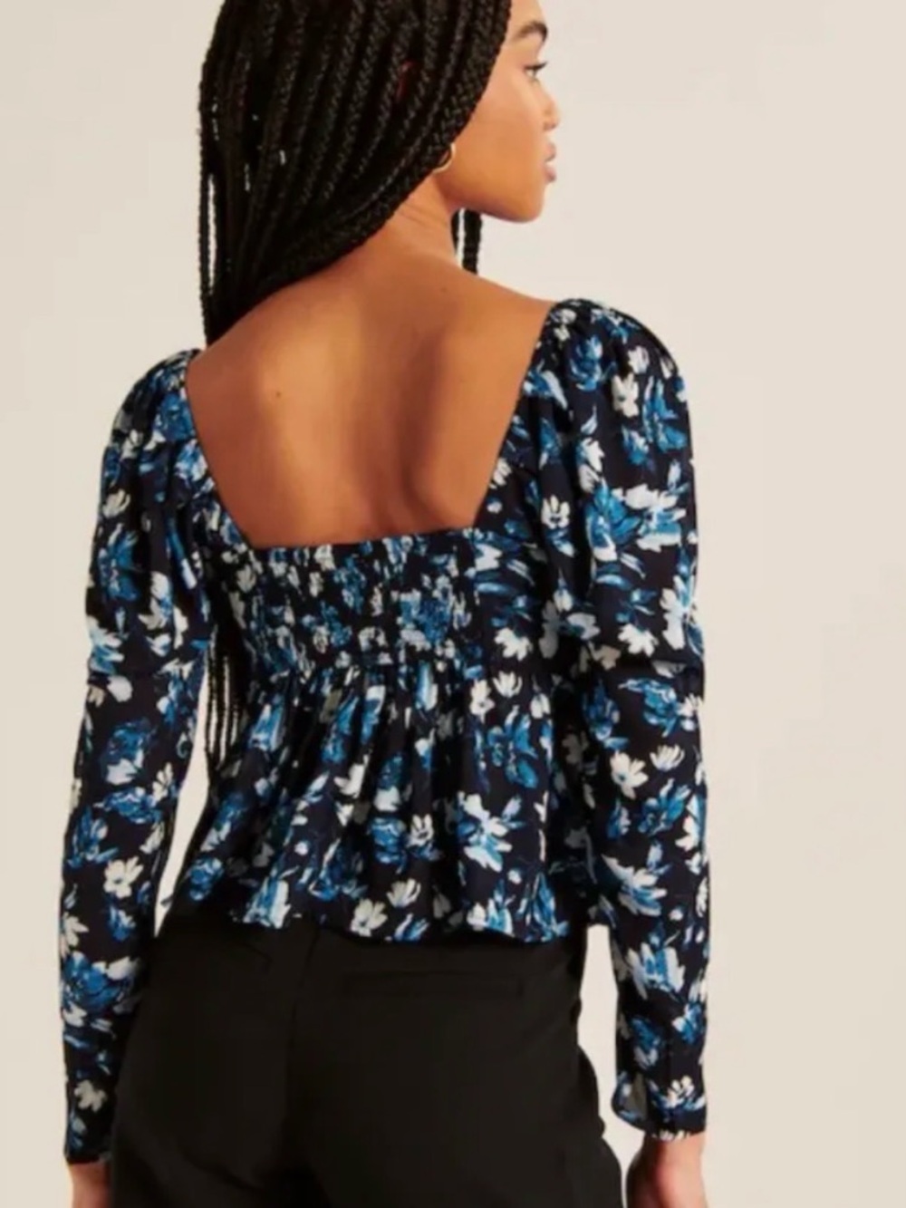 Abercrombie & Fitch Navy Blue Floral Puff-Sleeve Twist Front Peplum Blouse Sz L - Picture 6 of 6